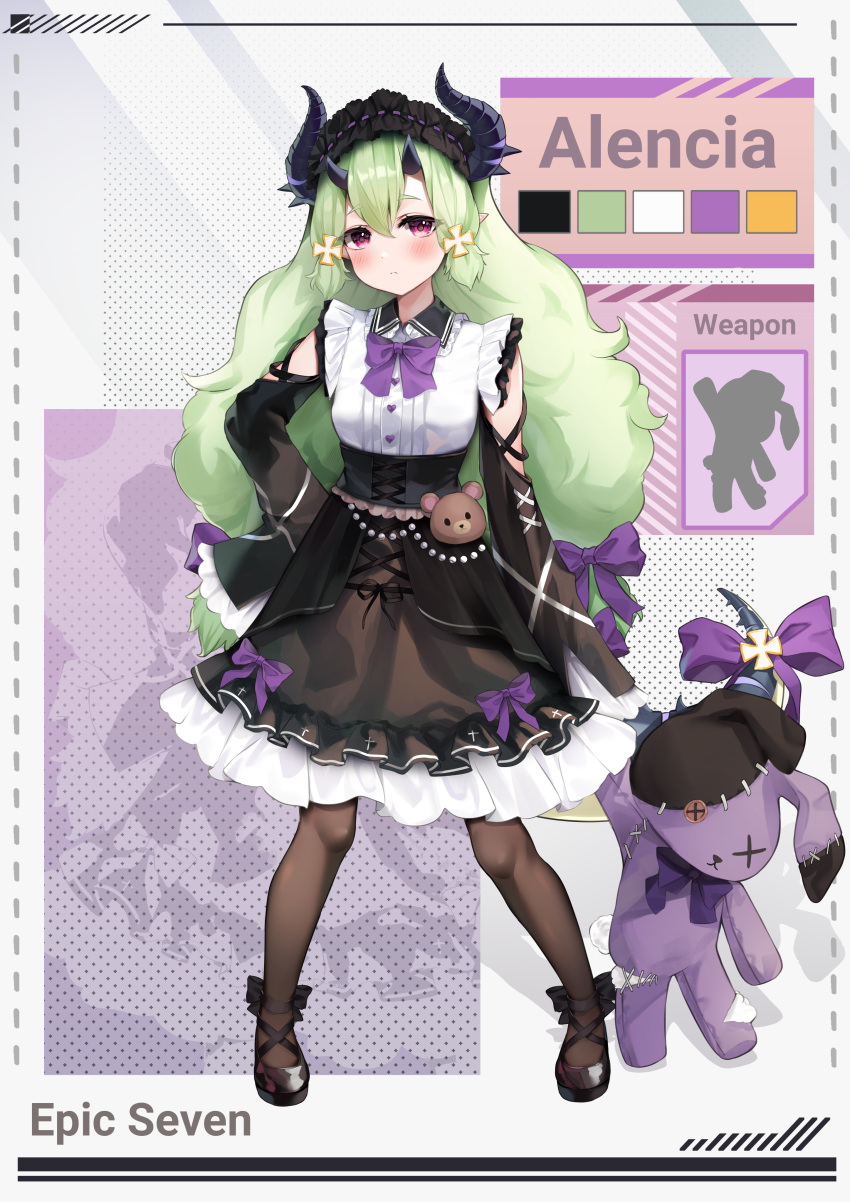 1girl, absurdres, alencia_(epic_seven), black_footwear, black_pantyhose, blush, bow, character_name, closed_mouth, copyright_name, epic_seven, expressionless, full_body, green_hair, hair_bow, highres, holding, holding_stuffed_toy, horns, looking_at_viewer, pantyhose, purple_bow, red_eyes, shuvi_(shuvi1125), solo, stuffed_animal, stuffed_rabbit, stuffed_toy, tail