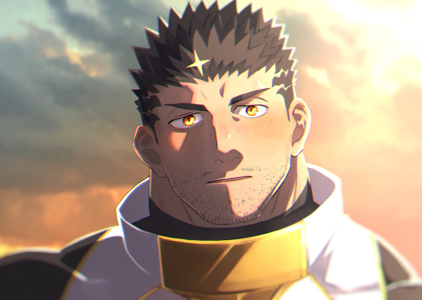 1boy, asahi_(zabaniyan), beard, black_hair, blush, close-up, clouds, cloudy_sky