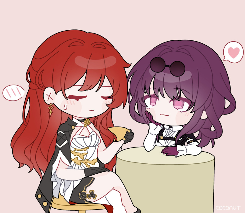 2girls, arm_support, bare_legs, black_choker, black_gloves, blush, chibi, choker