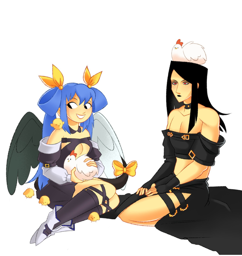 1other, angel_wings, asymmetrical_gloves, asymmetrical_sleeves, asymmetrical_wings, bare_shoulders, bird, black_hair, blue_hair, chick, chicken, choker, collar, detached_sleeves, dizzy_(guilty_gear), fingerless_gloves, gloves, guilty_gear, guilty_gear_x, guilty_gear_xx, hair_ribbon, hair_rings, happy, highres, kegush, long_hair, midriff, puffy_sleeves, red_eyes, ribbon, smile, studded_collar, tail, tail_ornament, tail_ribbon, testament_(guilty_gear), thigh-highs, twintails, wings