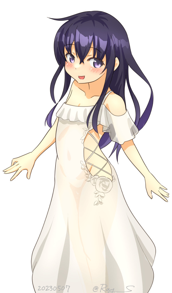 1girl, akatsuki_(kancolle), arms_at_sides, black_hair, cosplay, dress, feet_out_of_frame, flat_chest, fletcher_(kancolle), fletcher_(kancolle)_(cosplay), flower, kantai_collection, one-hour_drawing_challenge, ray.s, rose, simple_background, smile, solo, strap, violet_eyes, white_background, white_dress, white_flower, white_rose