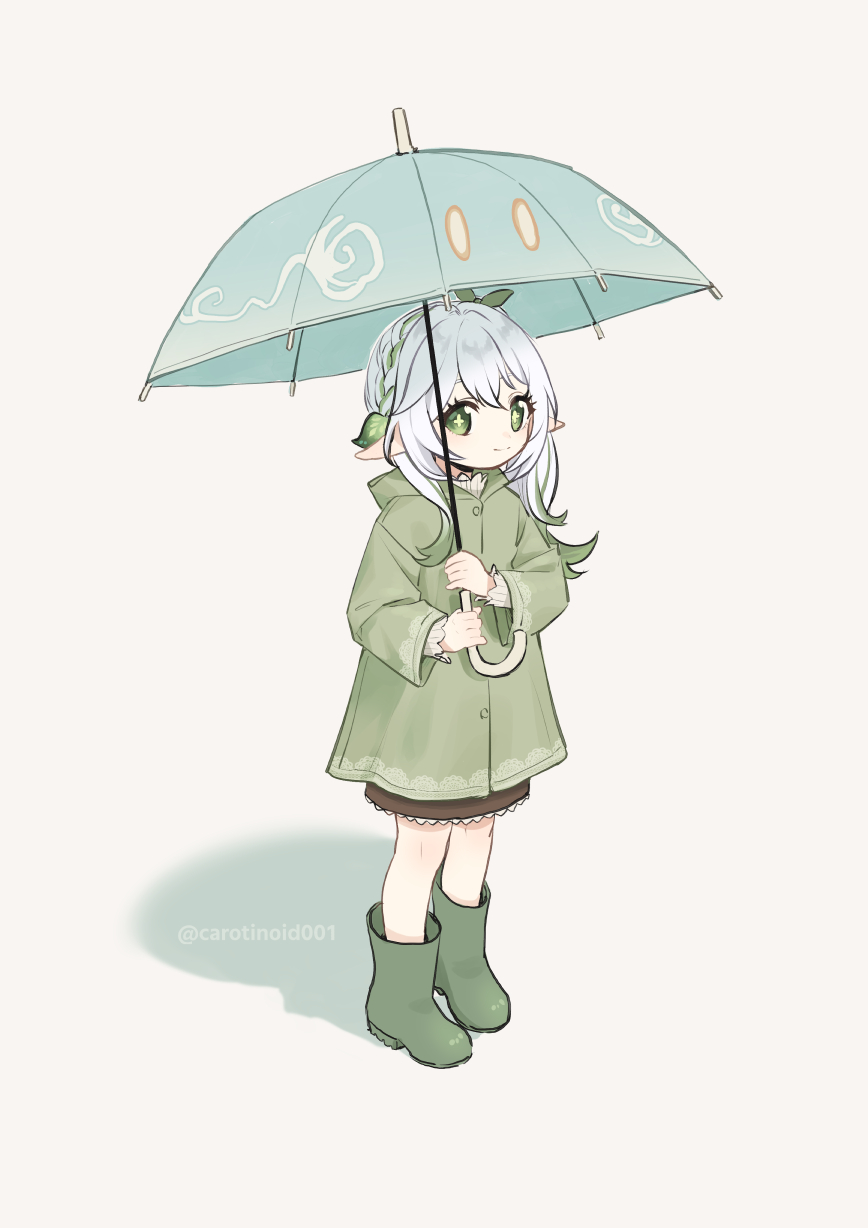1girl, boots, braid, carotinoid001, coat, full_body, genshin_impact, green_coat