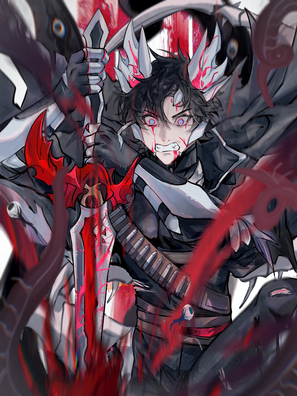 1boy, bandolier, black_jacket, black_pants, black_shirt, blood, blood_on_face, blue_eyes