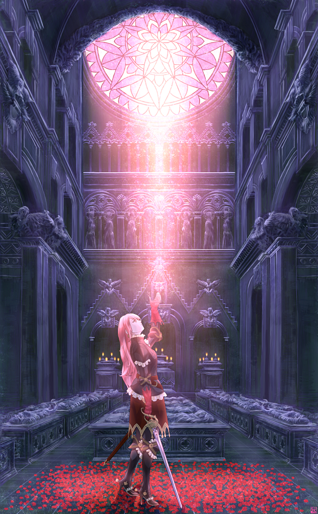 boots, cathedral, church, gloves, gothic_architecture, indoors, long_hair, looking_up