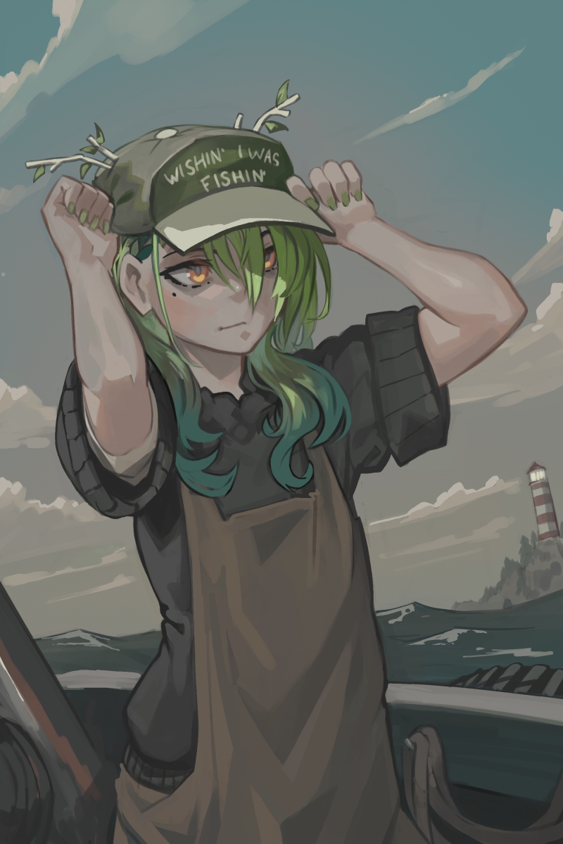 1girl, baseball_cap, ceres_fauna, clouds, commentary, day, dredge_(video_game), green_hair, green_nails, hat, highres, hololive, hololive_english, lighthouse, mole, mole_under_eye, ocean, outdoors, paintrfiend, sky, solo, water, yellow_eyes