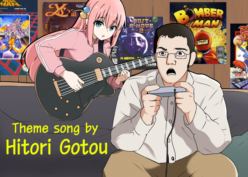 1boy, 1girl, amogan, angry, angry_video_game_nerd, blue_eyes, bocchi_the_rock!, bomberman, brown_hair, bust_a_move, collared_shirt, couch, crossover, cube_hair_ornament, electric_guitar, english_commentary, english_text, frown, gibson_les_paul, glasses, gotou_hitori, guitar, hair_ornament, highres, holding, holding_instrument, instrument, jacket, james_rolfe, mega_man_(series), nes_gamepad, on_couch, open_mouth, parody, pink_hair, pink_jacket, pink_track_suit, poster_(object), shirt, teeth, track_jacket, ys, ys_iii_wanderers_of_ys