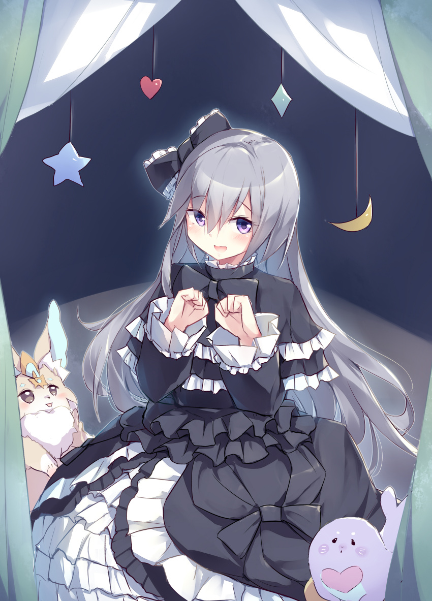 1girl, absurdres, black_dress, blush, bow, character_request, dress, duel_monster