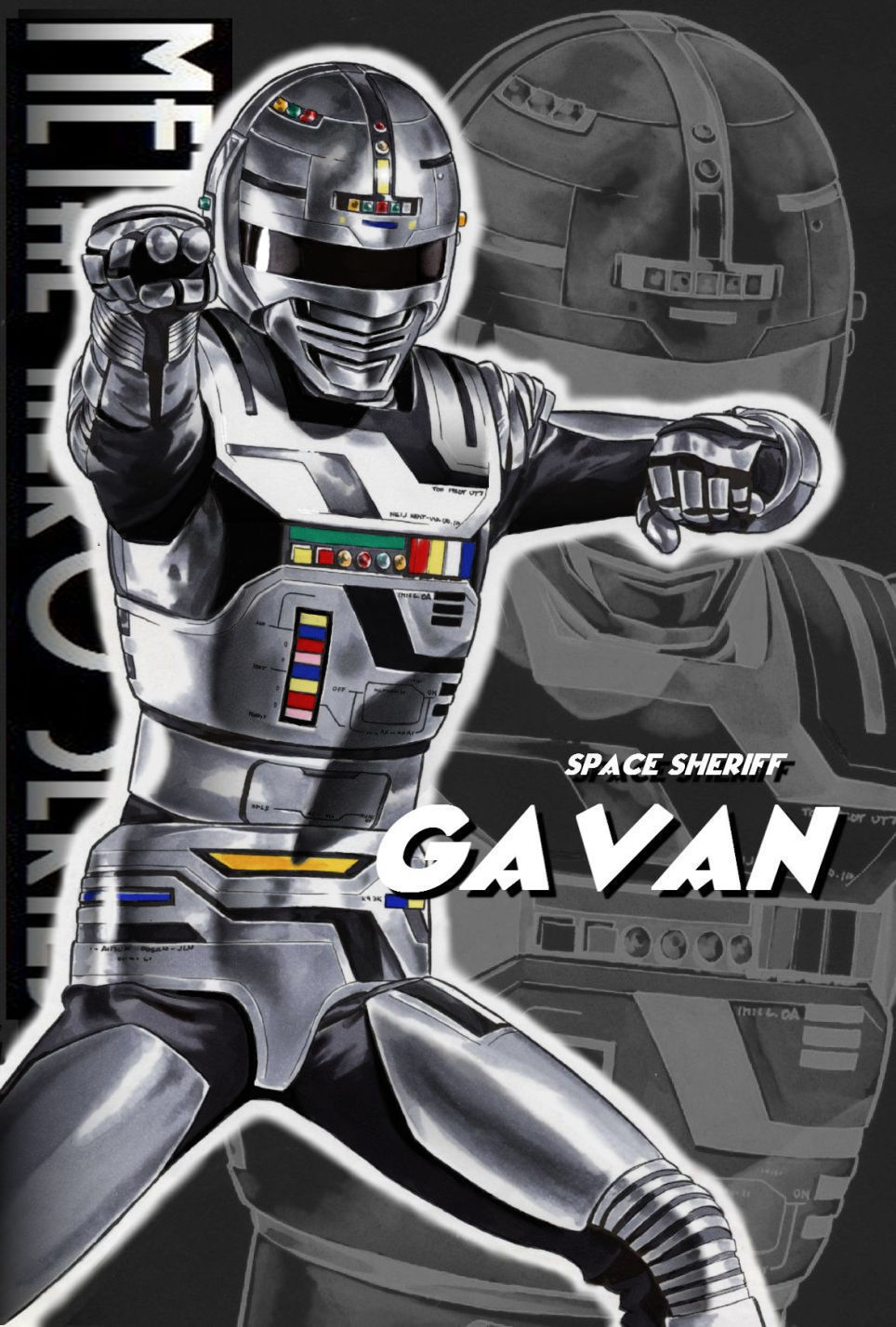 grey, highres, metal_hero, pose, scramble_dash, solo, uchuu_keiji_gavan, zoom_layer