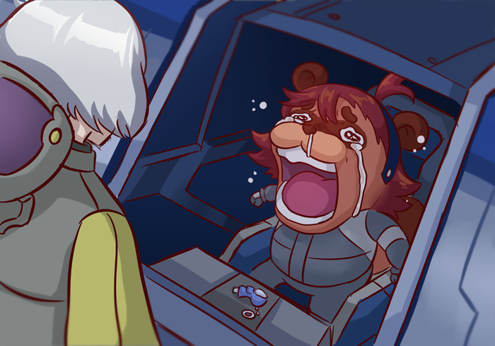 2girls, ahoge, animalization, charm_(object), chopper_crying_(meme), cockpit, crying, crying_with_eyes_open