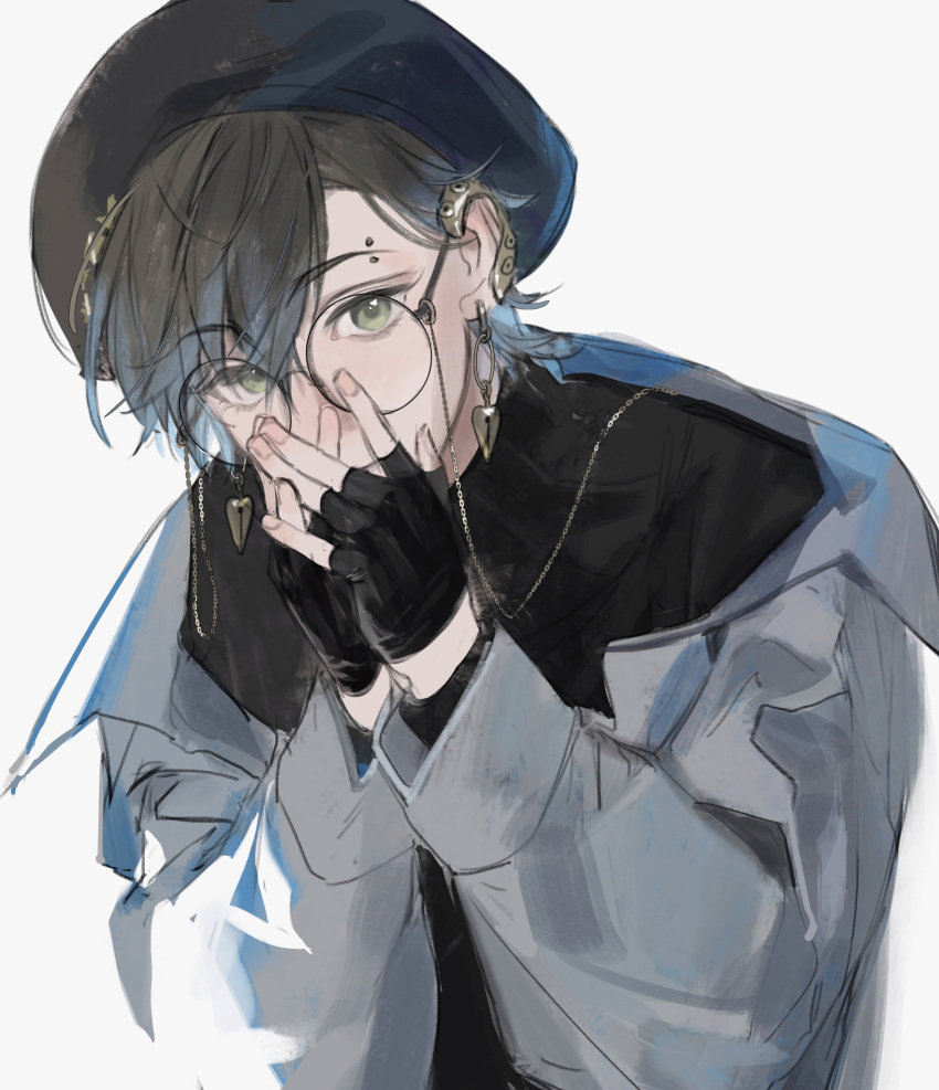 1boy, absurdres, beret, black_gloves, black_headwear, black_sweater, blue_hair, brown_hair