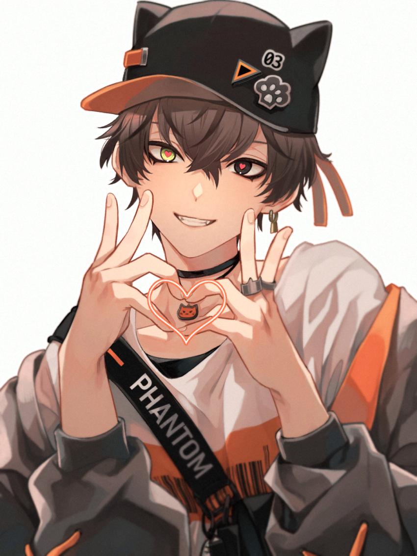 1boy, alban_knox, animal_ears, brown_hair, cat_ears, commentary, crossed_bangs, earrings, green_eyes, grey_eyes, grey_jacket, grin, hat, heart, heart_hands, heterochromia, highres, jacket, jewelry, jii_(nervous_en), male_focus, necklace, nijisanji, nijisanji_en, open_clothes, open_jacket, peaked_cap, ring, shirt, short_hair, smile, solo, symbol-only_commentary, virtual_youtuber