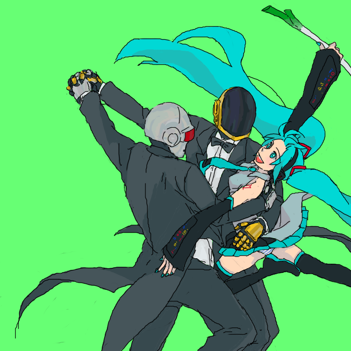 aqua_hair, bowtie, crossover, daft_punk, detached_sleeves, formal, gauntlets, guy_manuel_de_homemchristo