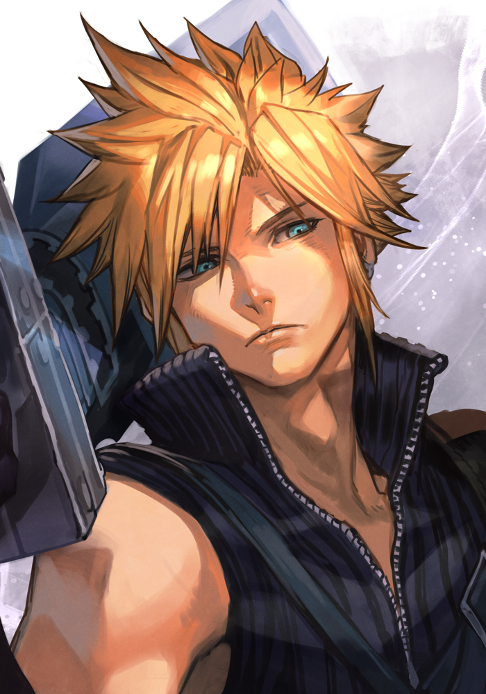 1boy, armor, blonde_hair, blue_eyes, closed_mouth, cloud_strife, earrings, final_fantasy