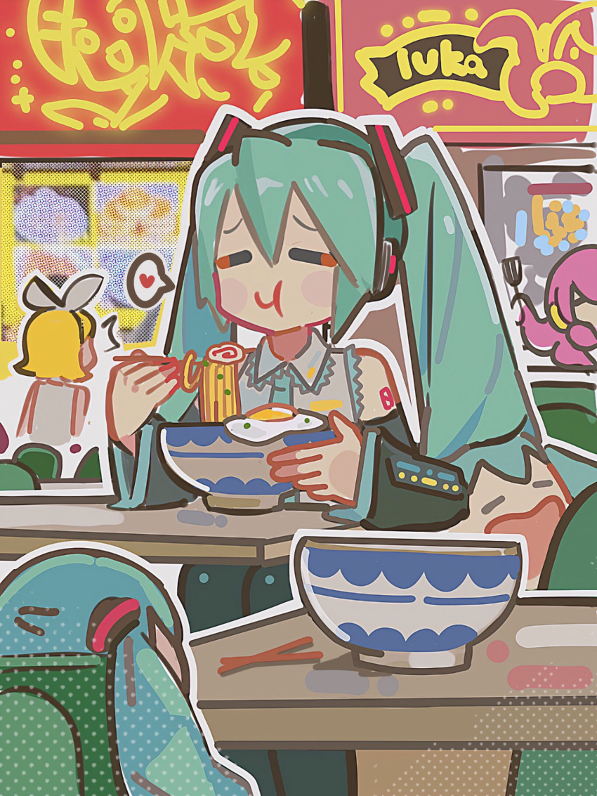 1girl, 2girls, ^^^, aqua_hair, aqua_necktie, banner, bare_shoulders, black_sleeves