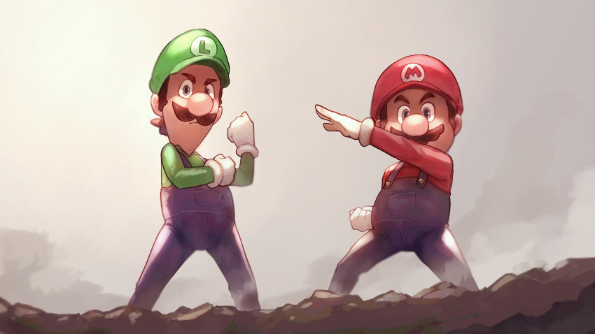 2boys, absurdres, blue_overalls, brothers, facial_hair, feet_out_of_frame, gloves, green_headwear