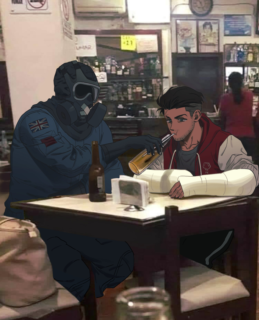 2boys, black_gloves, black_hair, black_pants, blue_jumpsuit, bottle, drinking, drinking_straw