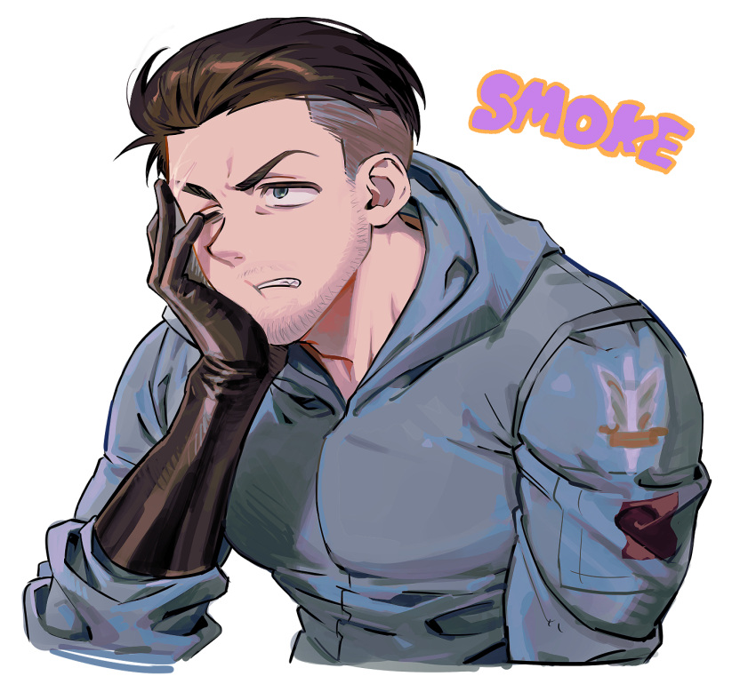 1boy, black_gloves, black_hair, blue_jumpsuit, character_name, facial_hair, gloves, hamzraider