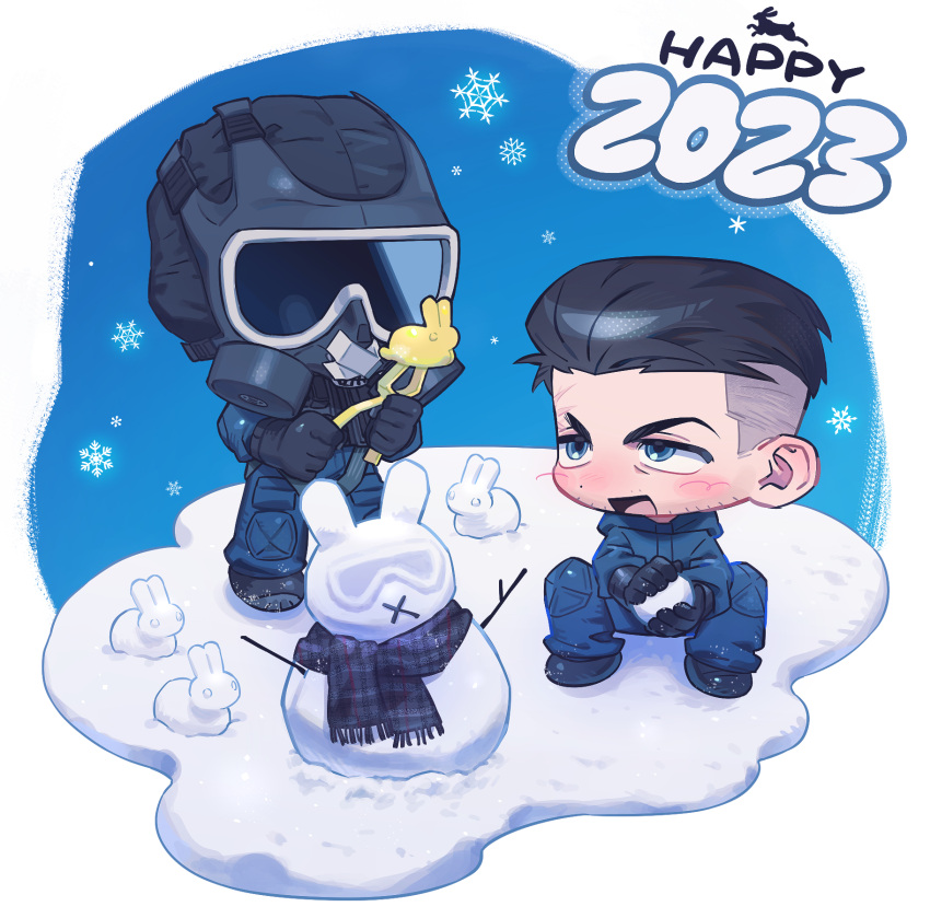 2023, 2boys, black_gloves, black_hair, black_scarf, blue_jumpsuit, blush, gas_mask