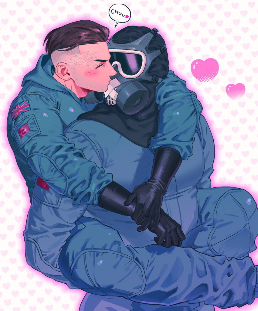2boys, black_gloves, black_hair, blue_jumpsuit, blush, closed_eyes, facial_hair, gas_mask