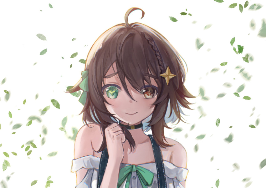 1girl, ahoge, backlighting, black_choker, blue_hair, blue_overalls, braid, brown_eyes