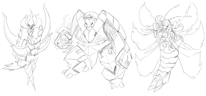 1boy, 2girls, android, antennae, arthropod_girl, commentary_request, double_bun, drill