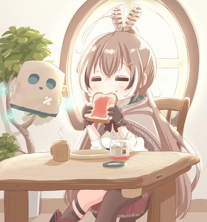 1girl, =_=, ahoge, ankle_boots, asymmetrical_legwear, berry, boots, brown_capelet