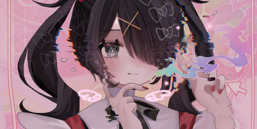 1girl, abstract_background, ame-chan_(needy_girl_overdose), black_eyes, black_hair, black_nails, black_ribbon, blush