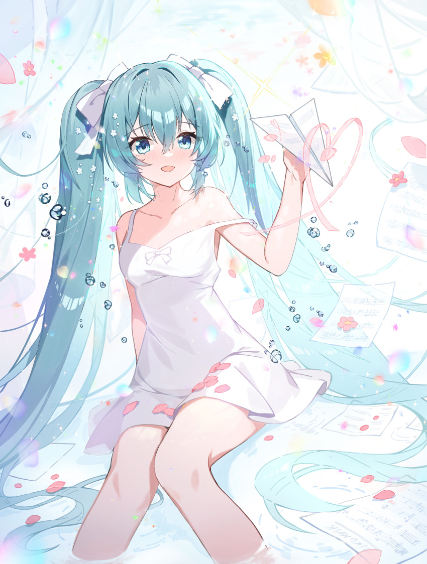 1girl, absurdres, apple_caramel, aqua_eyes, aqua_hair, blush, bow, cherry_blossoms, dress, flower, hair_bow, hatsune_miku, heart, heart_of_string, heart_ribbon, highres, holding_paper_airplane, long_hair, multiple_hair_bows, open_mouth, paper_airplane, pink_flower, smile, solo, twintails, vocaloid, water_drop, white_bow, white_dress