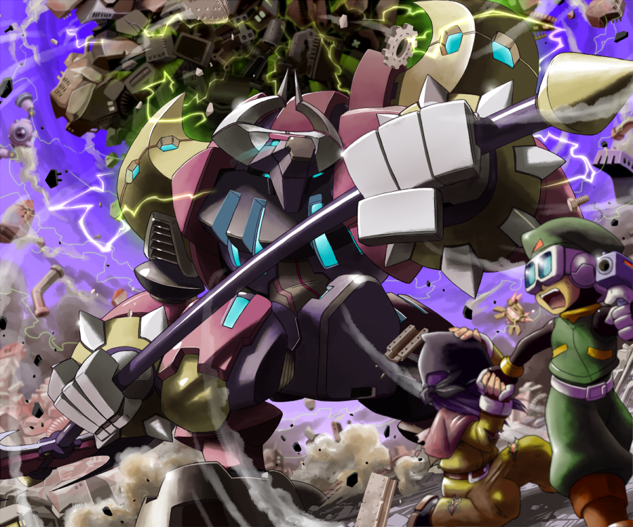 1boy, 2others, axe, bandana, battle, battle_axe, beret, black_bandana, black_hole, blue_eyes, commentary_request, dust_cloud, electricity, eye_trail, fleeing, gears, goggles, green_headwear, green_pants, green_shirt, gun, hand_on_own_head, handgun, hat, holding, holding_axe, holding_hands, holding_weapon, horns, industrial_pipe, light_trail, magnetism, mega_man_(series), mega_man_zero, mega_man_zero_4, metal, mino_magnus, minotaur, multiple_others, napo, non-humanoid_robot, open_mouth, pants, robot, shirt, size_difference, steel_beam, weapon, yellow_pants, yellow_shirt