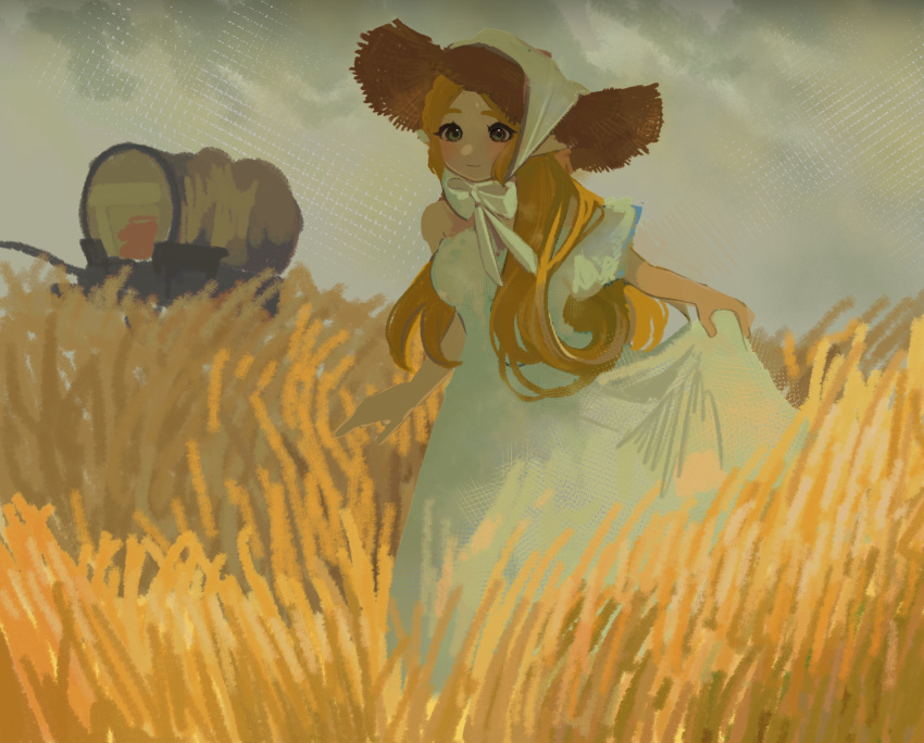 1girl, alternate_costume, bare_shoulders, blonde_hair, bow, braid, breasts, brown_headwear