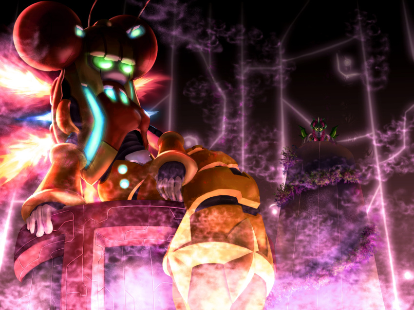 2girls, absurdres, android, antennae, armor, arthropod_girl, blue_fire, breastplate