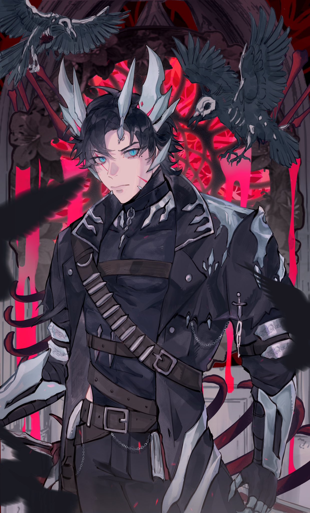 1boy, adapted_costume, animal_skeleton, armored_gloves, bandolier, bird, black_coat, black_jacket