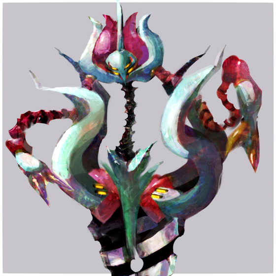 1girl, byte_(grunty-hag1), commentary_request, drill, extra_eyes, grey_background, head_arms, long_arms