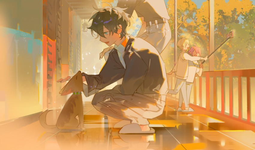 4boys, black_hair, black_jacket, blonde_hair, blue_eyes, dog, ensemble_stars!, grey_pants, hegong, himemiya_tori, jacket, kagehira_mika, multiple_boys, narukami_arashi, pants, petting, pink_hair, selfie_stick, shiratori_aira_(ensemble_stars!), shirt, slippers, squatting, turtleneck, white_footwear, white_shirt