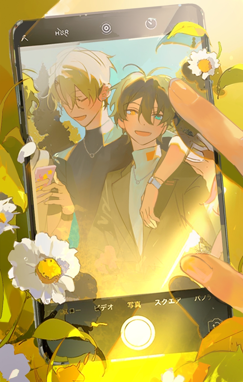 1other, 3boys, arm_around_shoulder, black_hair, blonde_hair, blue_eyes, blush, brown_hair