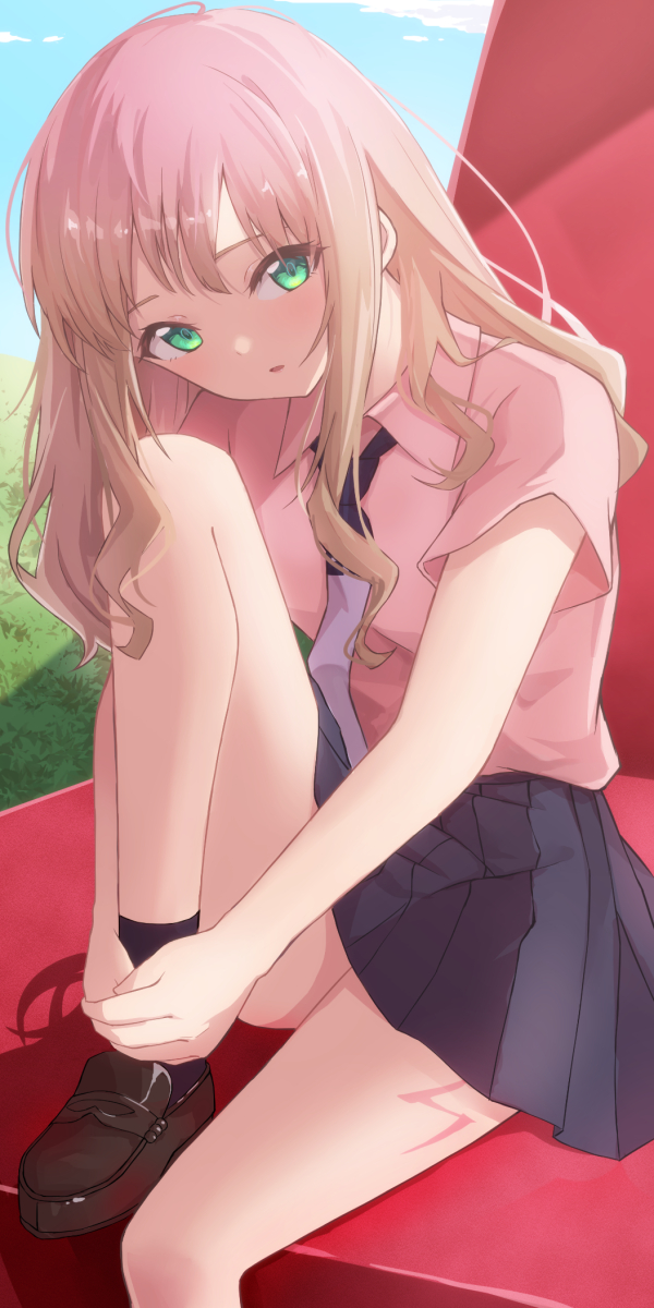 1girl, black_skirt, breasts, brown_hair, green_eyes, gridman_universe, highres, long_hair