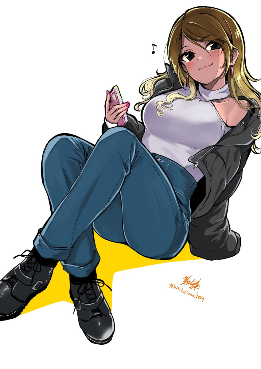 1girl, arm_support, artist_name, asymmetrical_sleeves, black_eyes, black_footwear, black_jacket, blonde_hair
