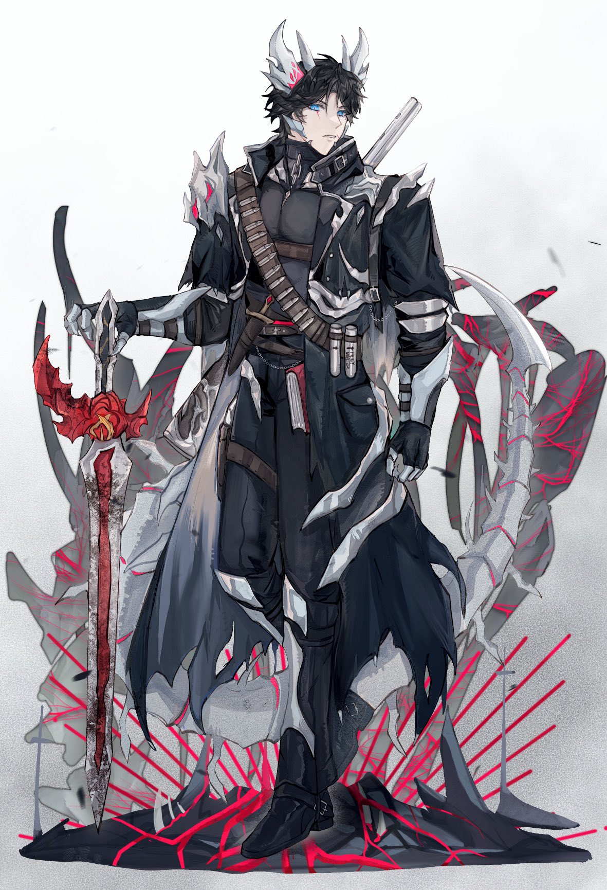 1boy, adapted_costume, armored_boots, armored_gloves, bandolier, black_coat, black_hair, black_jacket