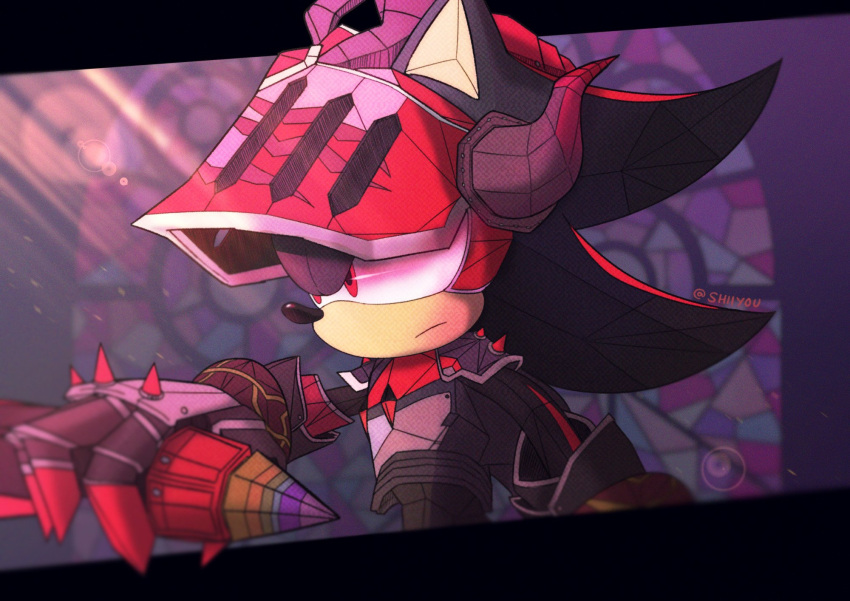 1boy, animal_ears, animal_nose, armor, artist_name, black_border, black_fur, border, from_side, frown, furry, furry_male, gauntlets, glaws, hedgehog_ears, helm, helmet, highres, horns, light_rays, red_armor, red_eyes, red_fur, shadow_the_hedgehog, shiiyou, sir_lancelot_(sonic), sketch, snout, sonic_(series), sonic_and_the_black_knight, twitter_username, two-tone_fur, window