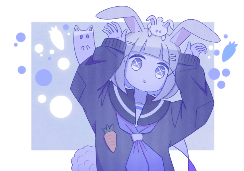 1girl, :d, animal_ears, black_cardigan, blue_background, blue_neckerchief, blue_theme, blunt_bangs
