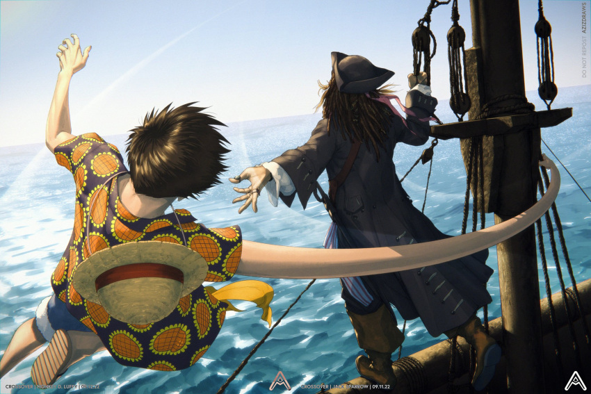 2boys, artist_name, azizdraws, back, black_hair, character_name, crossover, dated