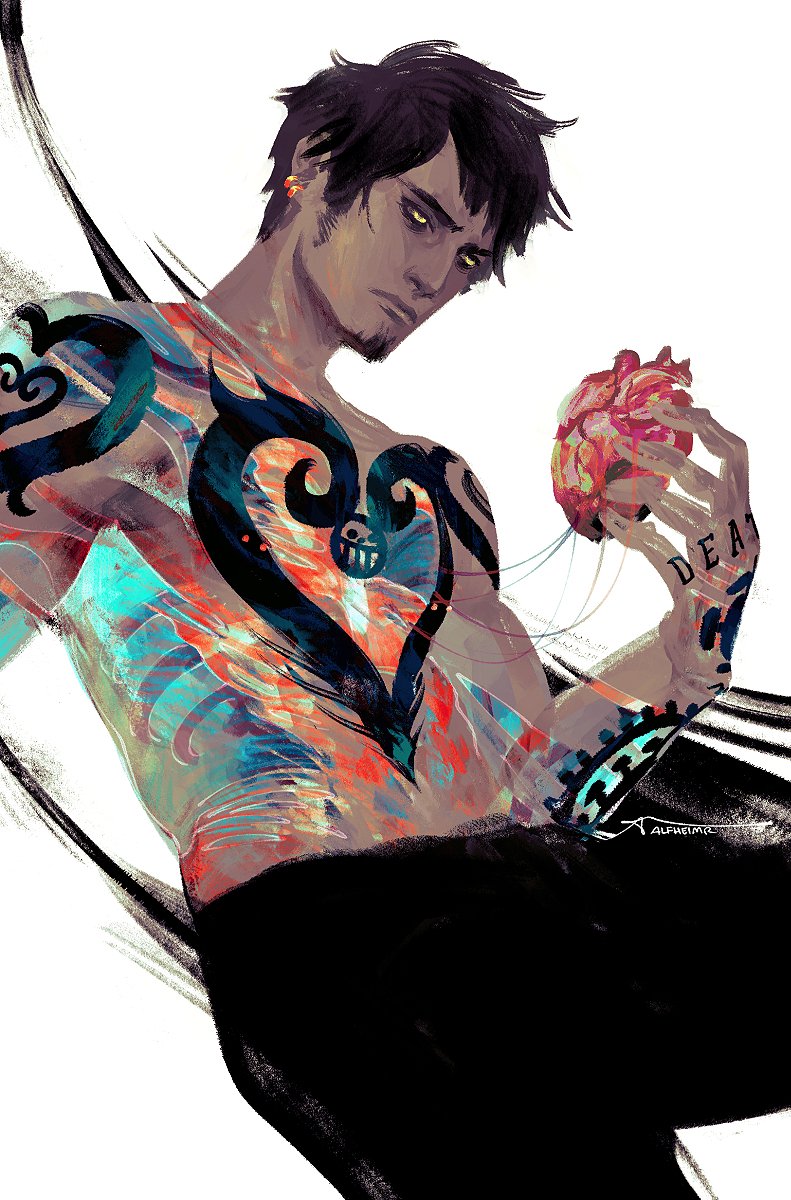 1boy, arm_tattoo, black_hair, black_pants, chest_tattoo, earrings, facial_hair, finger_tattoo