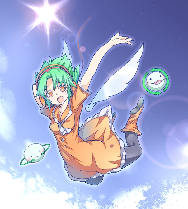 1girl, black_pantyhose, blue_sky, boots, breasts, buttons, chunithm, clouds, commentary_request, detached_wings, dress, falling, freedom_dive, frilled_dress, frills, full_body, green_hair, headphones, looking_at_viewer, open_mouth, orange_dress, orange_eyes, orange_footwear, ototobe, outdoors, pantyhose, short_hair, short_sleeves, sky, sky_feather, small_breasts, smile, solo, sun, white_wings, wings
