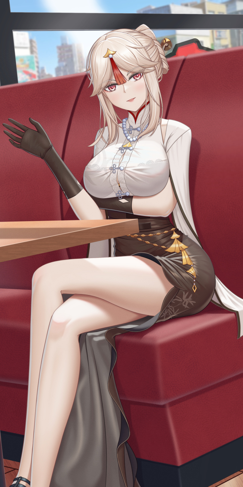 1girl, absurdres, blue_sky, breasts, brown_dress, brown_gloves, china_dress, chinese_clothes