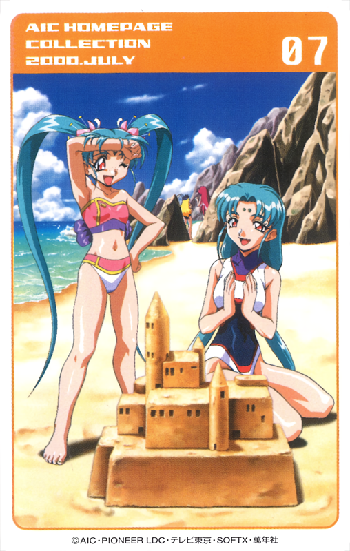 1990s_(style), 4girls, aqua_hair, barefoot, beach, bikini, blonde_hair, company_name