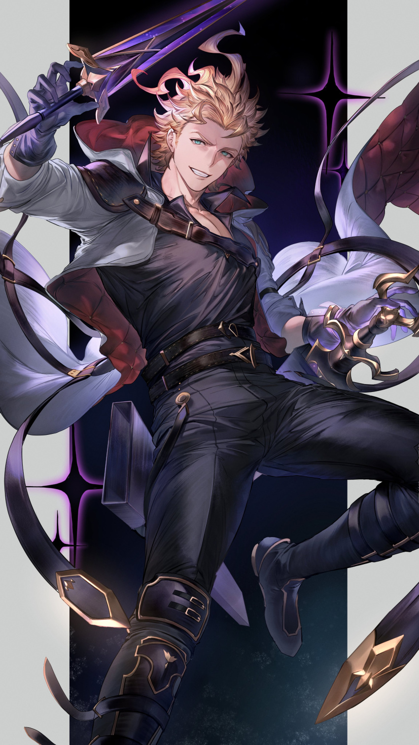 1boy, absurdres, belt, black_belt, black_gloves, black_pants, black_shirt, blonde_hair