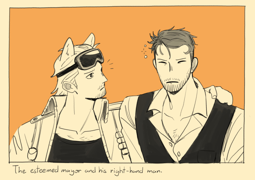 2boys, black_shirt, closed_eyes, collared_shirt, facial_hair, goggles, goggles_on_head, hair_slicked_back