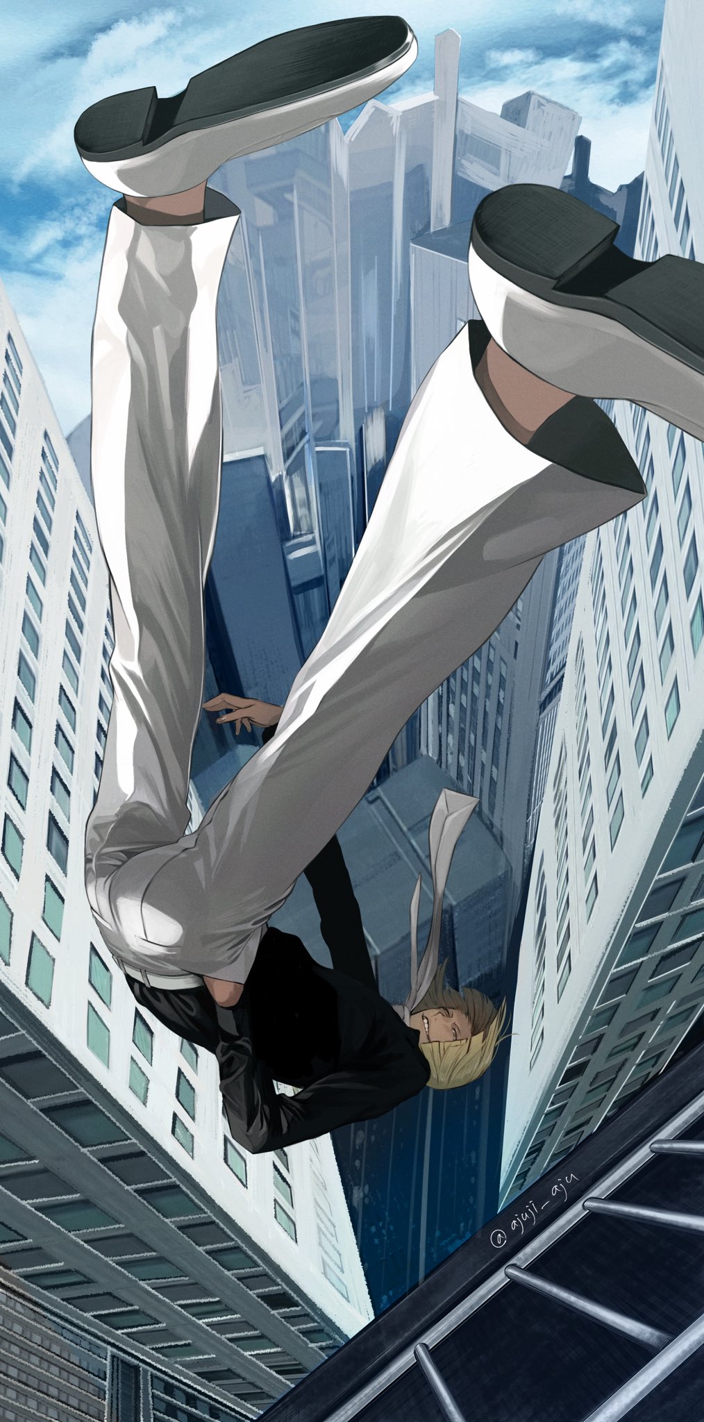 1boy, ajuji_aju, black_shirt, bleach, blonde_hair, blue_sky, blunt_ends, bob_cut