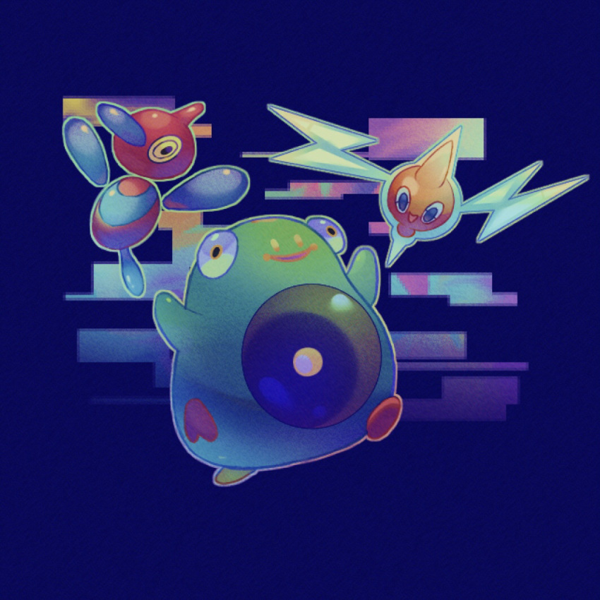 :d, arms_up, bellibolt, blue_background, commentary_request, happy, hinato_(weeeeee_i), horns
