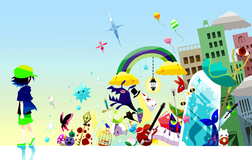 1boy, balloon, baseball_cap, bat_(animal), bee, bird, birdcage, black_hair, black_shirt, blue_bird, blue_hoodie, book, bow, bow_(weapon), bug, building, butterfly, cage, clouds, cowboy_hat, crescent_moon, dino_(pop'n), electric_guitar, eyeball, flower, food, fruit, grapes, green_footwear, green_headwear, green_shorts, guitar, hat, heart_balloon, hood, hoodie, instrument, key, keyboard_(instrument), keytar, light, moon, mushroom, mzd, nankamouiyada, paku_(pop'n_music), peach, pop'n_music, rainbow, red_flower, red_rose, reflective_floor, rose, shirt, shorts, skyscraper, staff, star_(symbol), sword, top_hat, weapon, white_butterfly